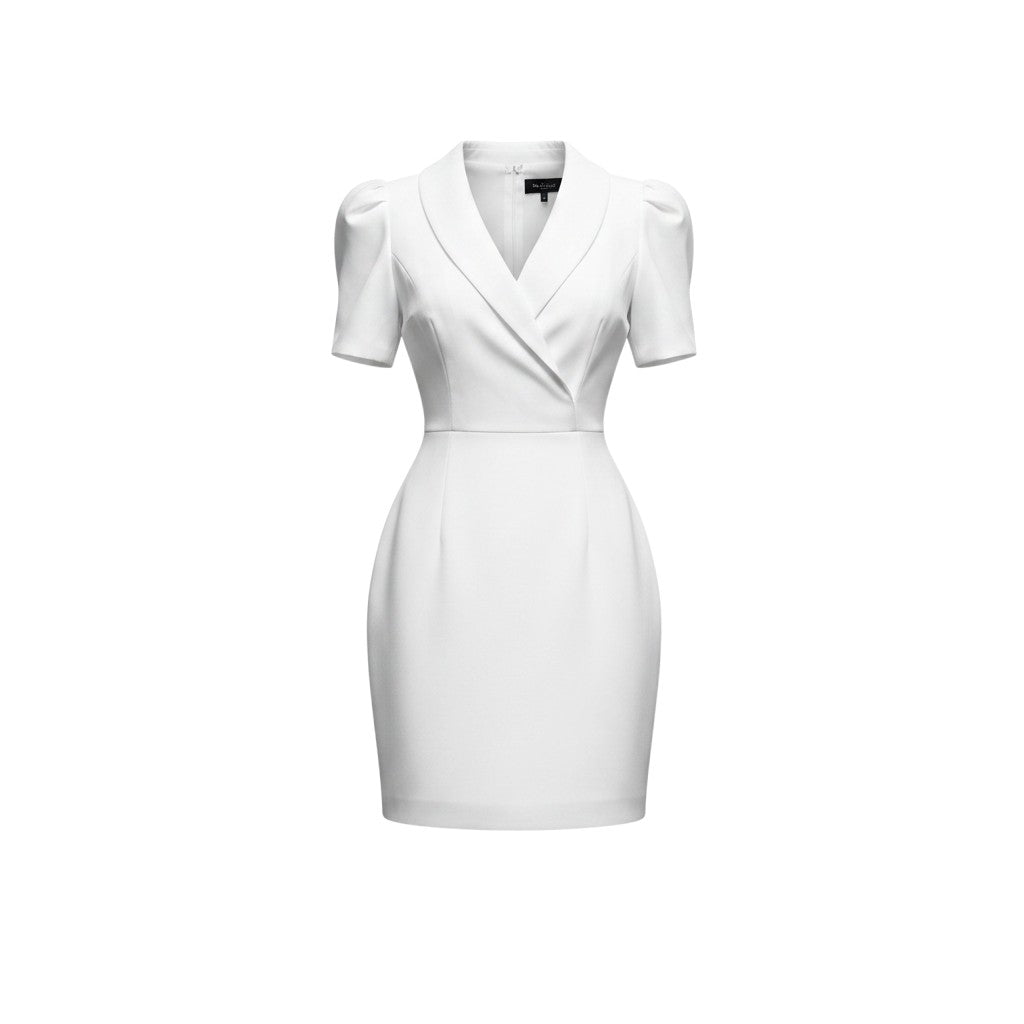 White Tuxedo Lapel Puff Sleeve Dress