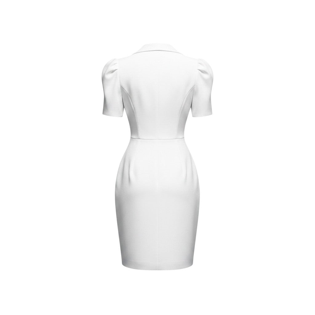 White Tuxedo Lapel Puff Sleeve Dress