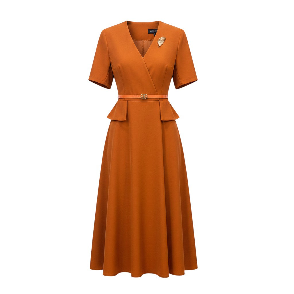 Burnt Orange Peplum Belted Midi Dress