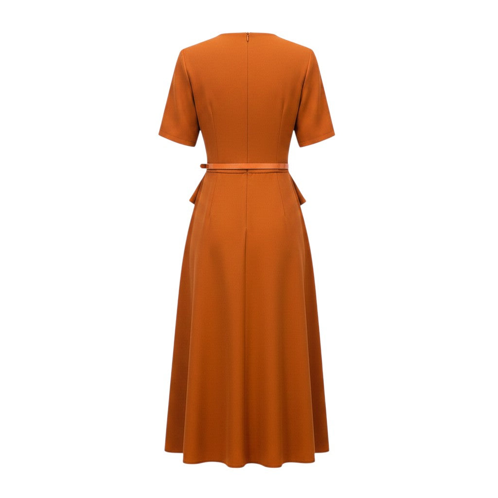 Burnt Orange Peplum Belted Midi Dress