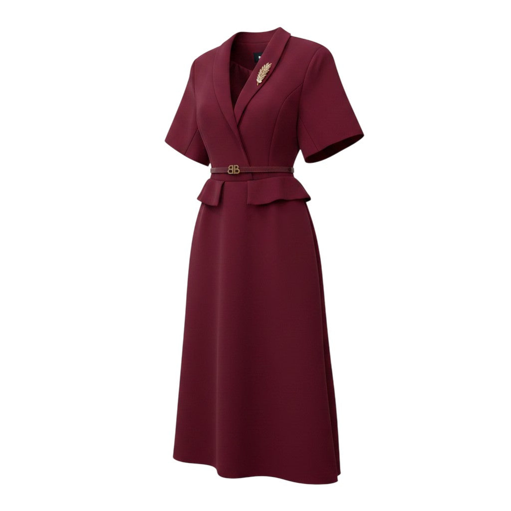 Burgundy Belted Peplum Midi Dress