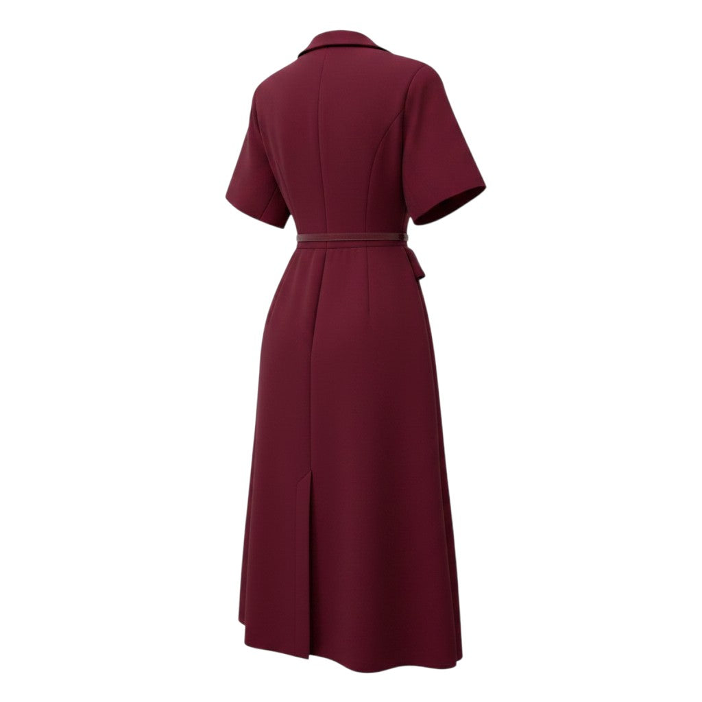 Burgundy Belted Peplum Midi Dress