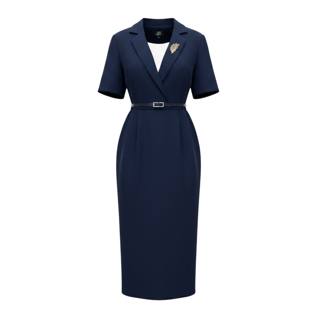 Navy Blue Belted Pencil Midi Dress