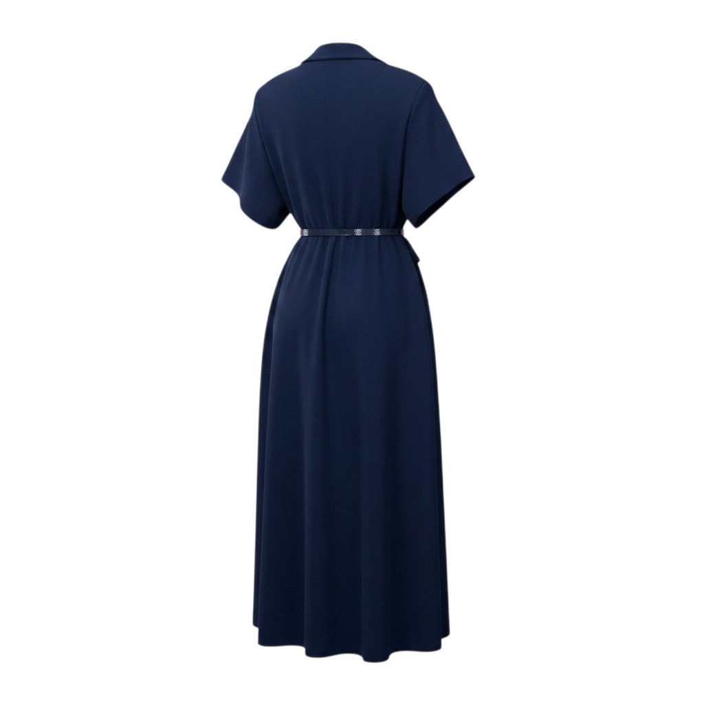 Navy Blue Belted Pencil Midi Dress