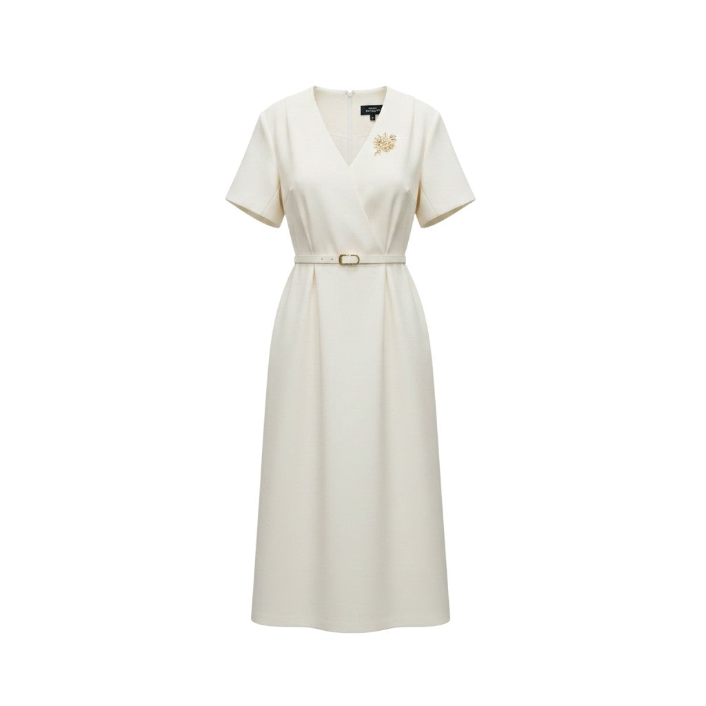 Cream Belted V-Neck Midi Dress
