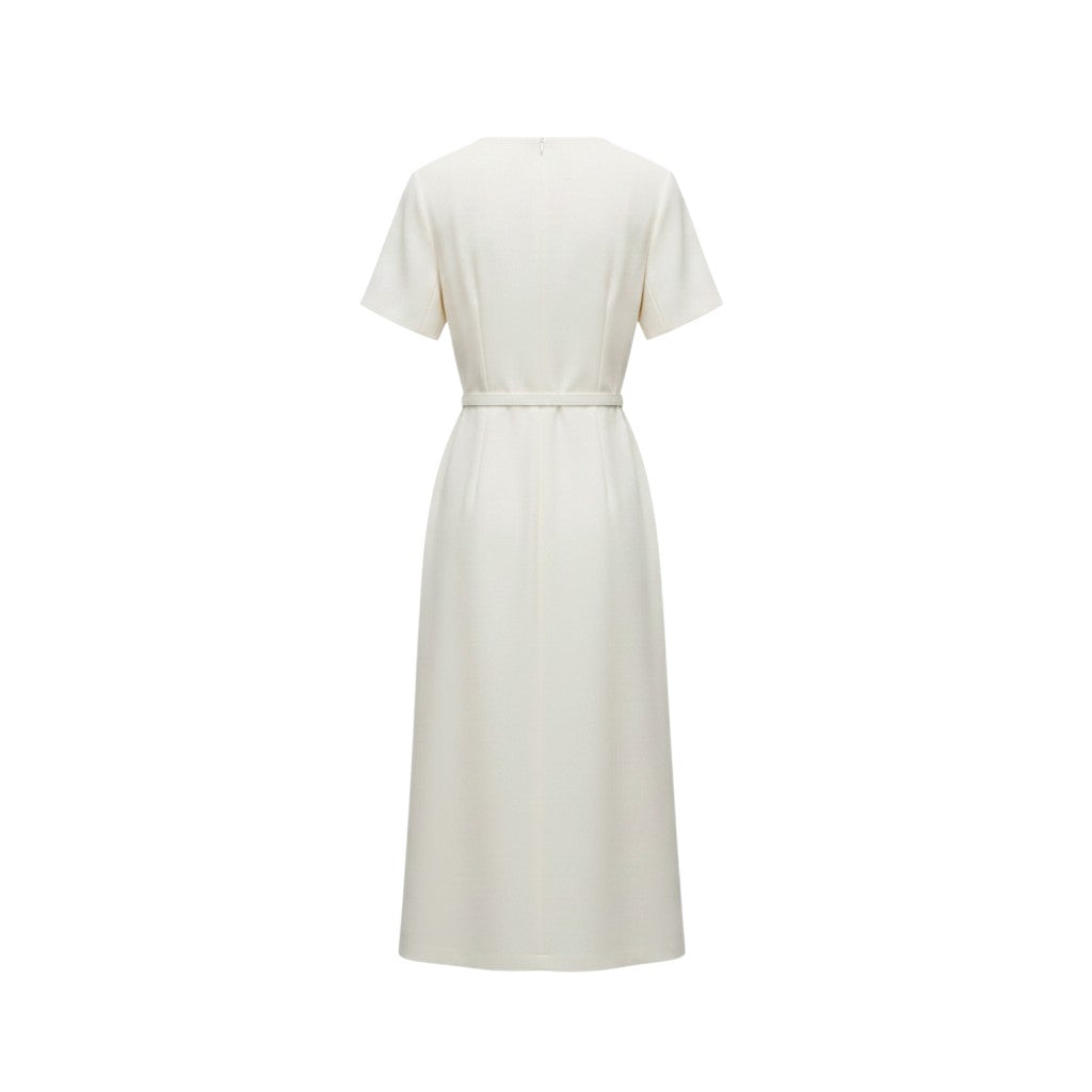Cream Belted V-Neck Midi Dress