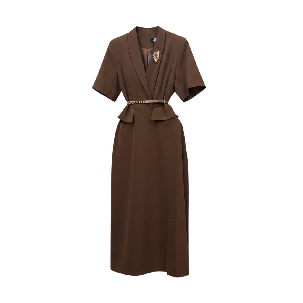Brown Chain-Belt Peplum Midi Dress