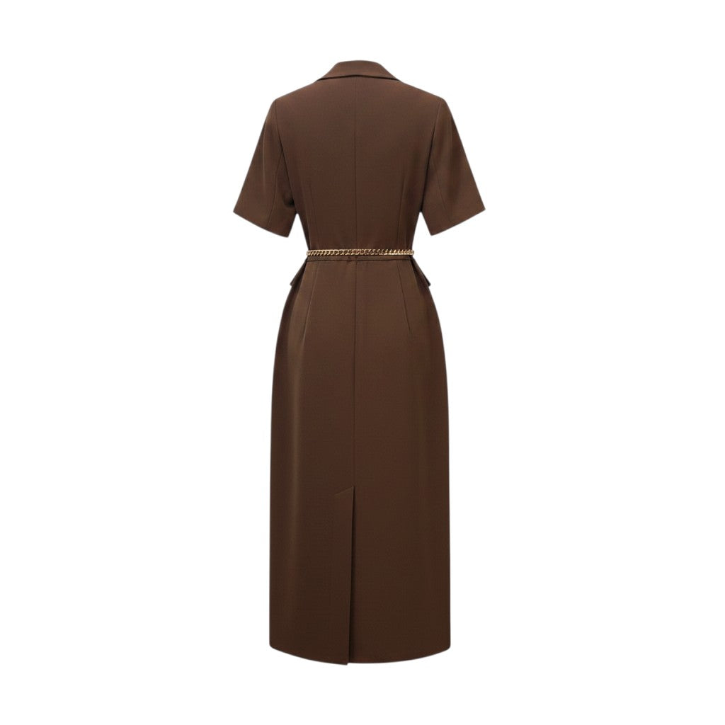 Brown Chain-Belt Peplum Midi Dress