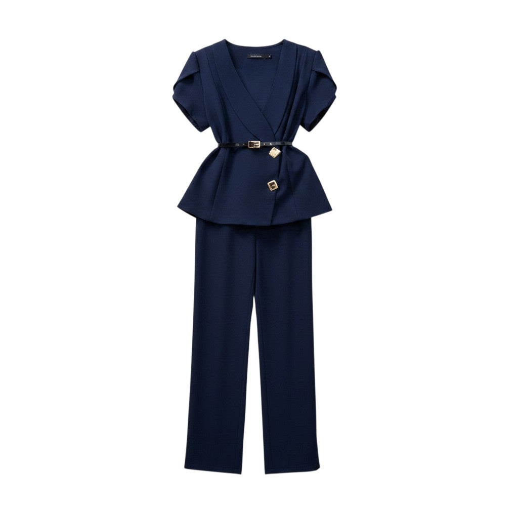 Navy Blue Belted Peplum Trouser Set