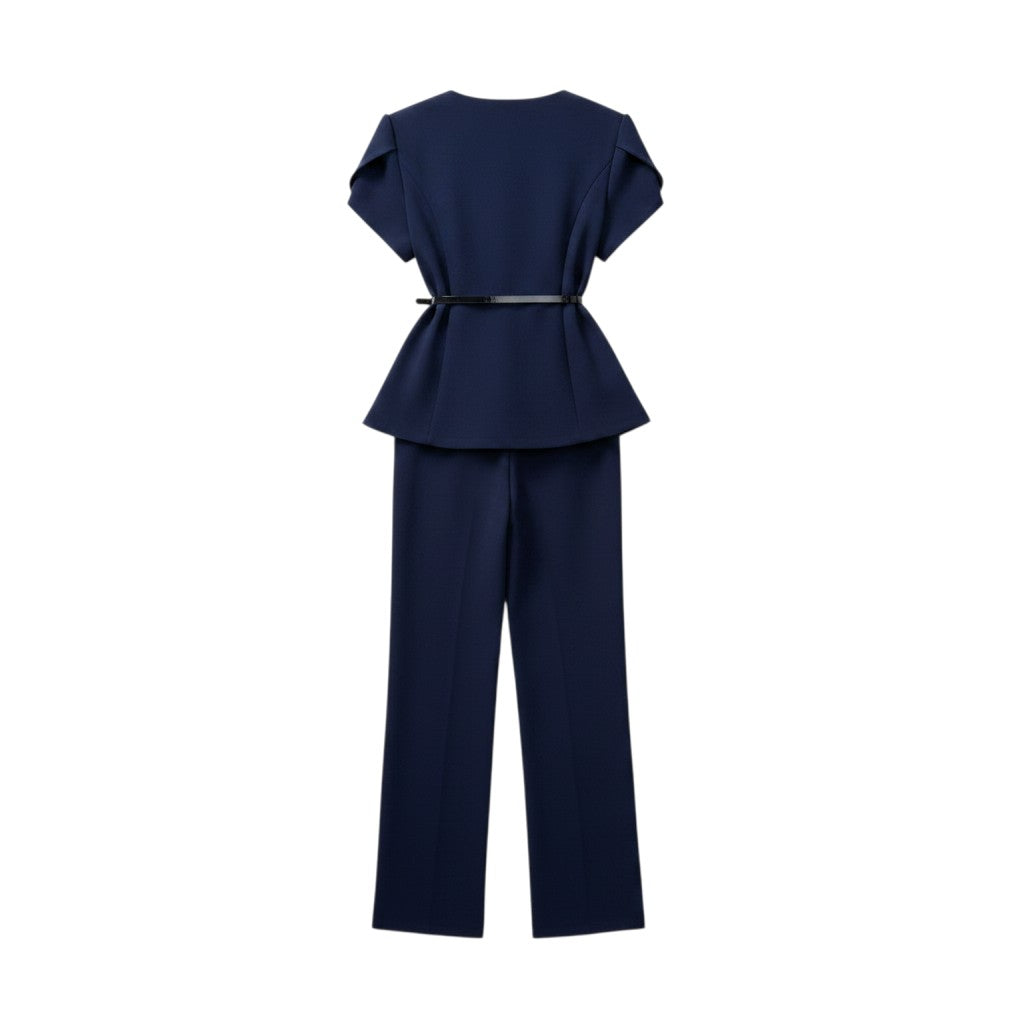 Navy Blue Belted Peplum Trouser Set