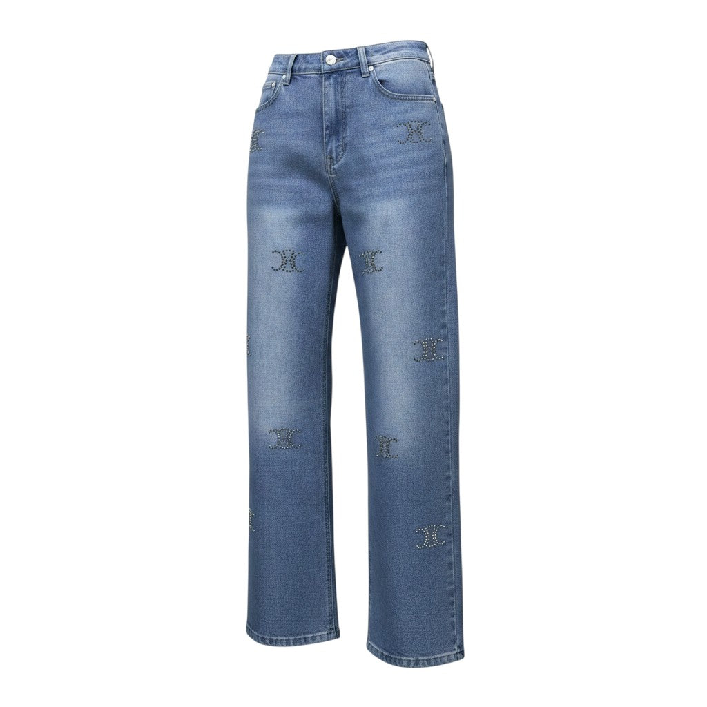 Rhinestone Monogram Wide-Leg Jeans