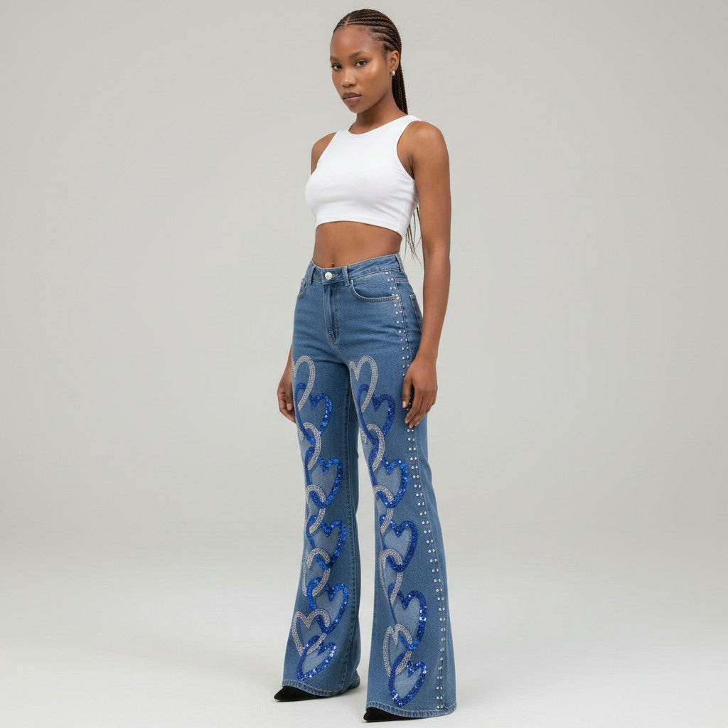 Heart Rhinestone Flare Jeans