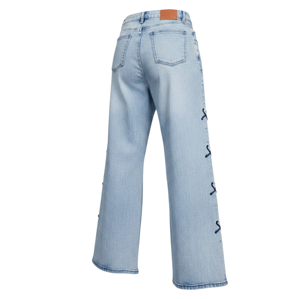Navy Bow Embroidered Wide-Leg Jeans