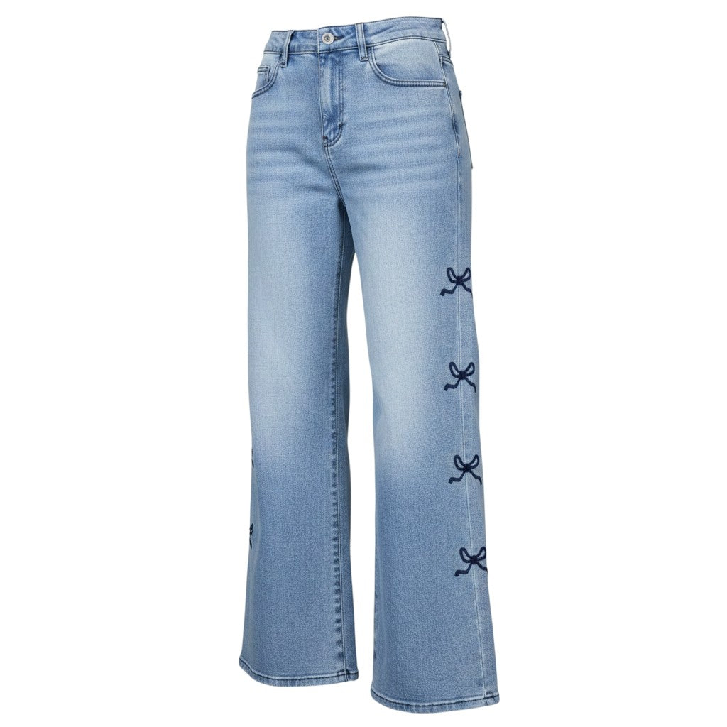 Navy Bow Embroidered Wide-Leg Jeans