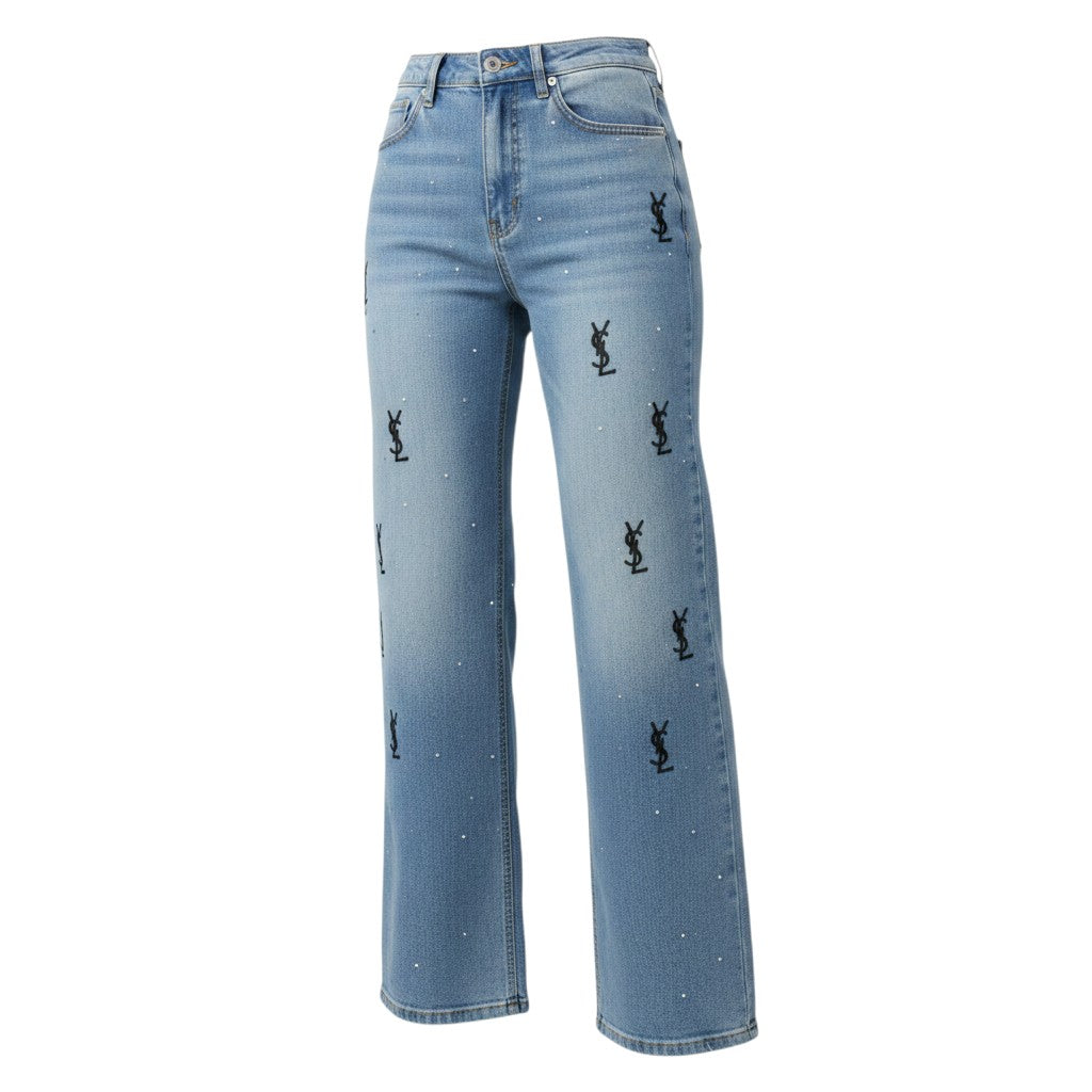 Logo Print Rhinestone Boyfriend Jeans