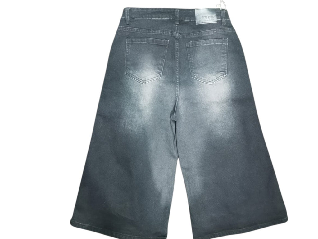 Grey Side-Stripe Wide-Leg Denim Shorts