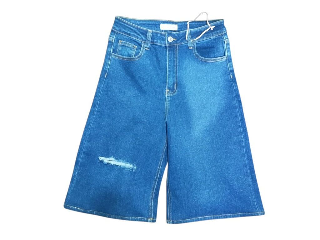 Blue Ripped Wide-Leg Denim Shorts