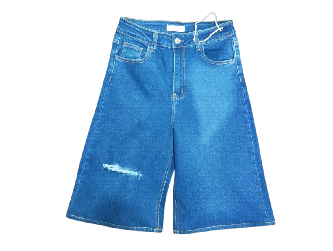 Blue Ripped Wide-Leg Denim Shorts