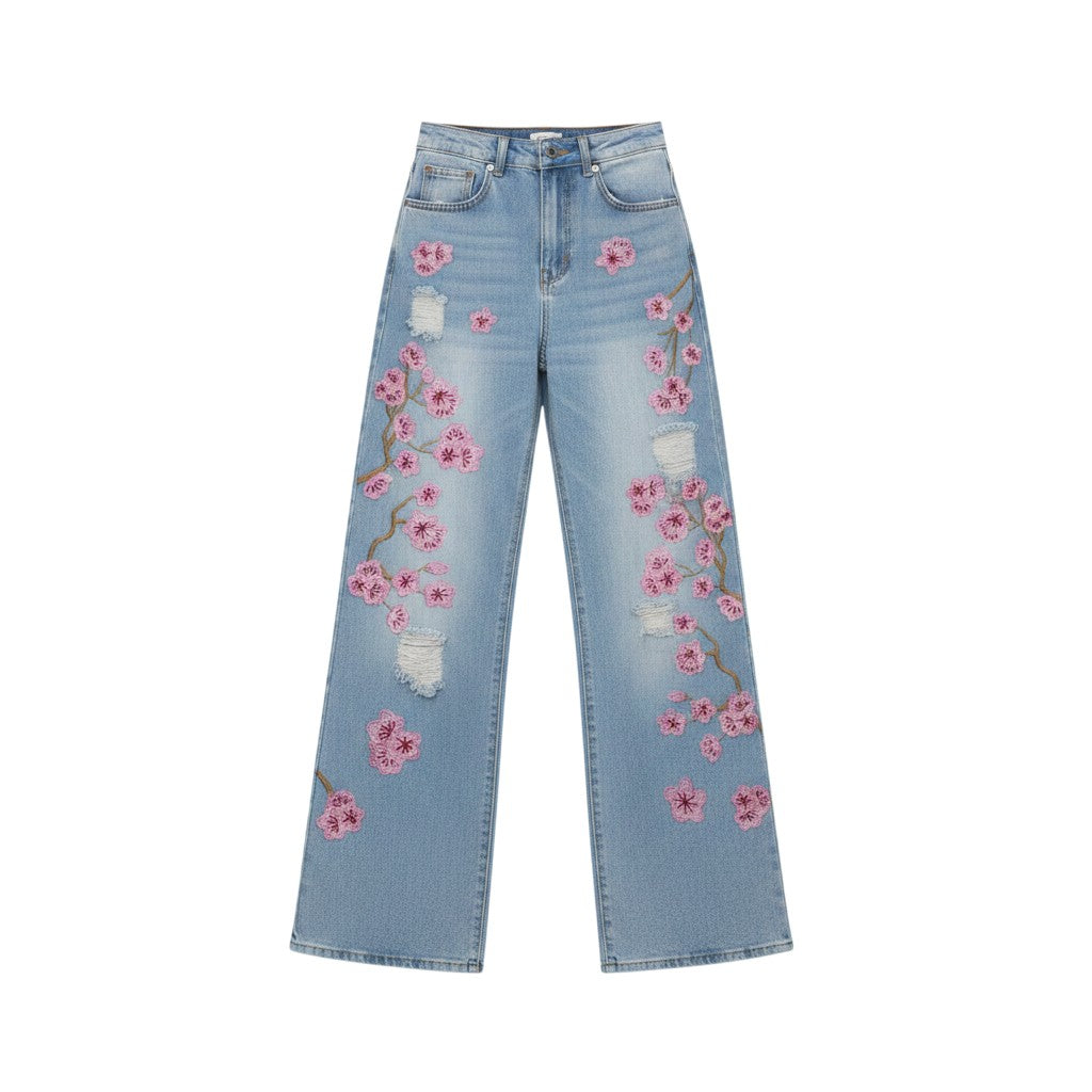Cherry Blossom Embroidered Boyfriend Jeans