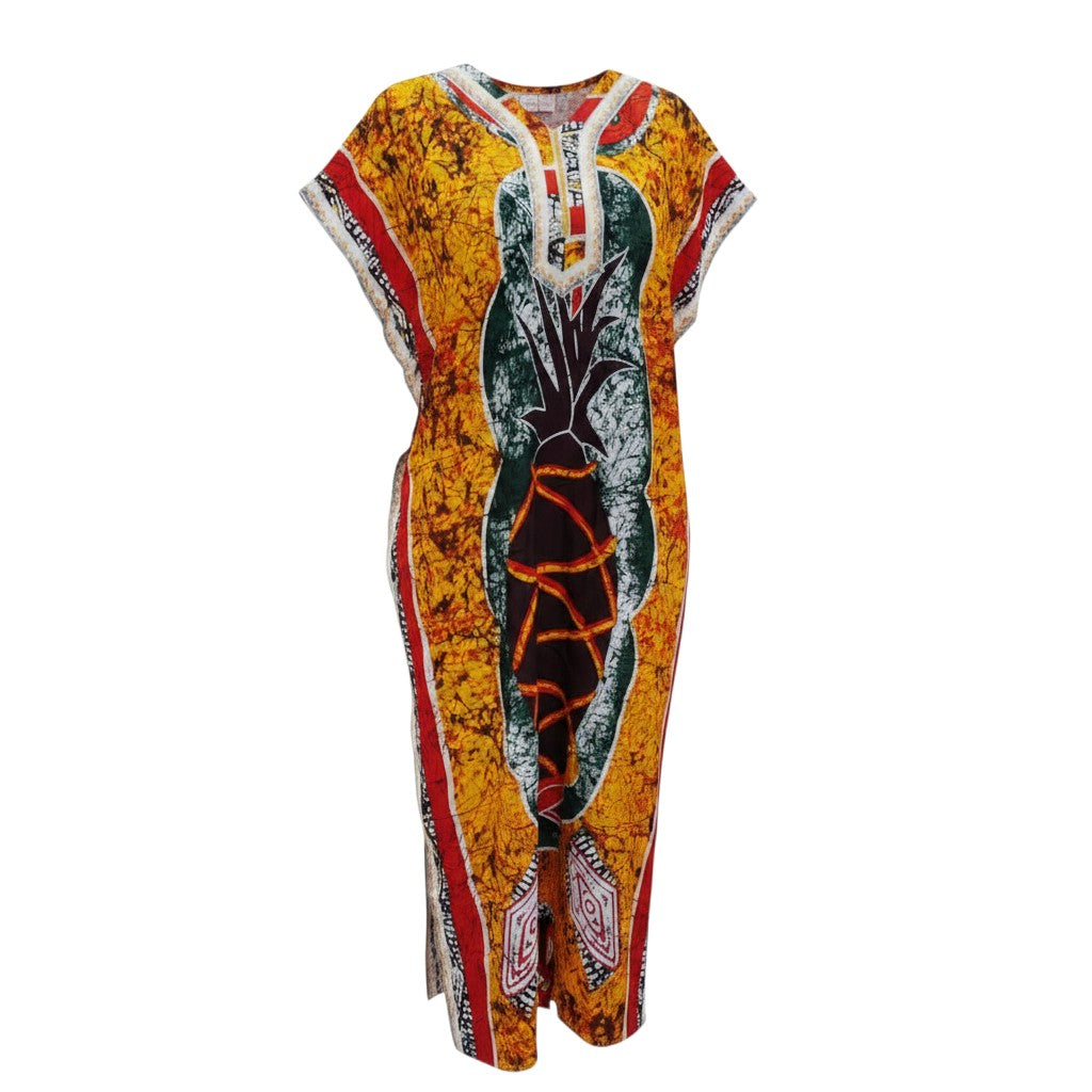 Yellow Adire Pineapple Print Long Bubu Gown