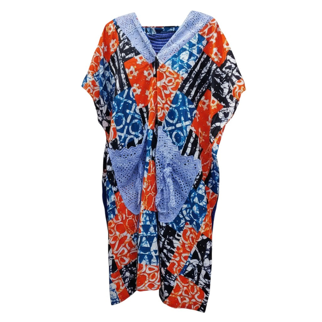 Blue-Orange Adire Patchwork 3/4 Bubu Gown