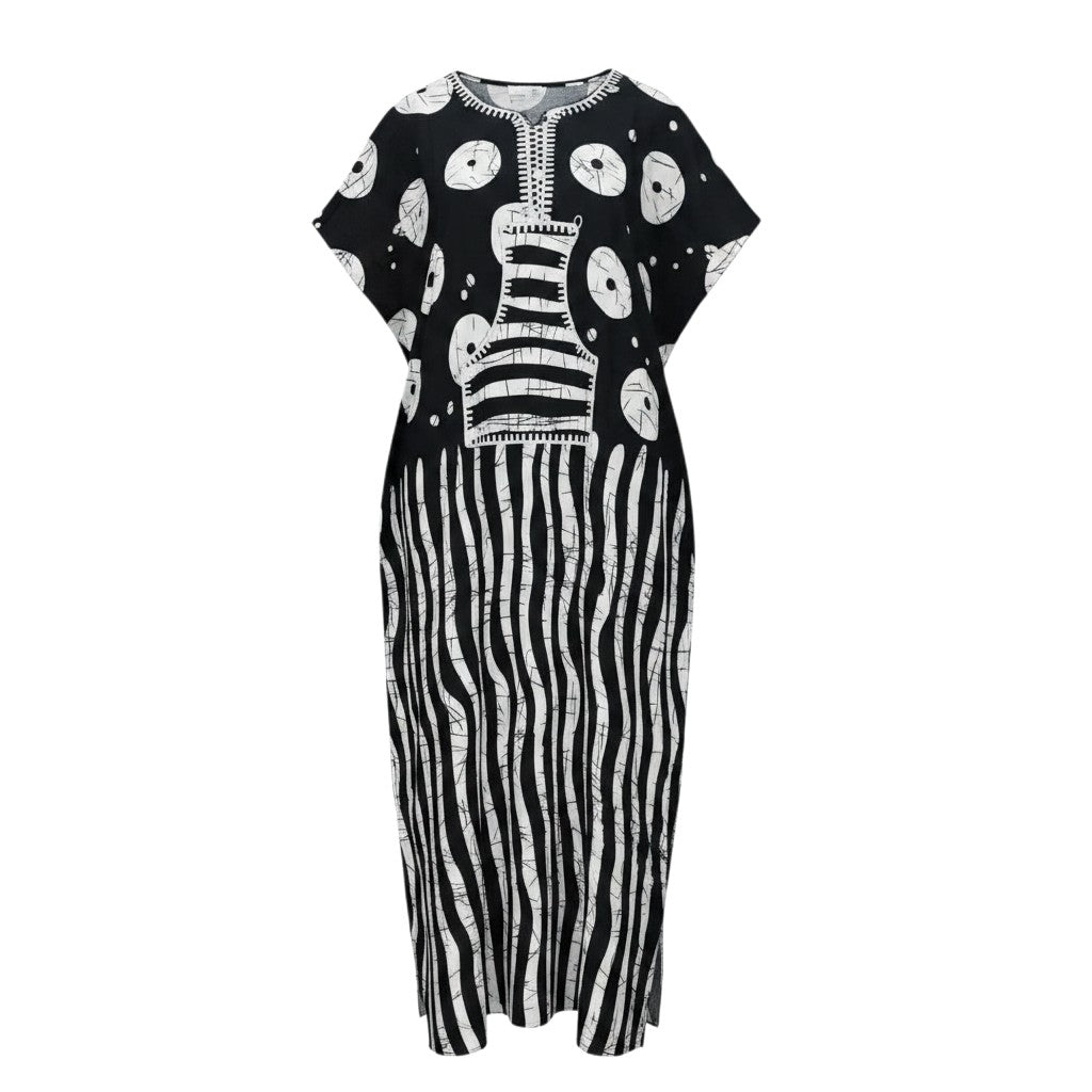 Black White Adire Print Long Bubu Gown