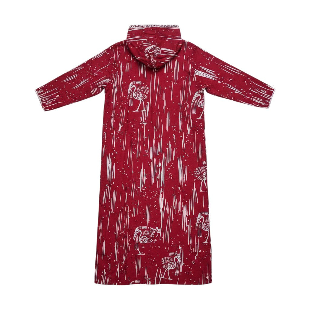 Burgundy Adire Bird Print Hooded Long Bubu Gown