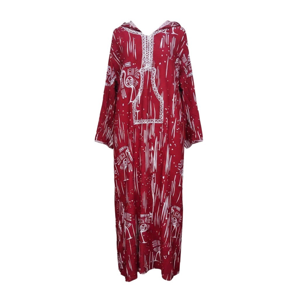 Burgundy Adire Bird Print Hooded Long Bubu Gown