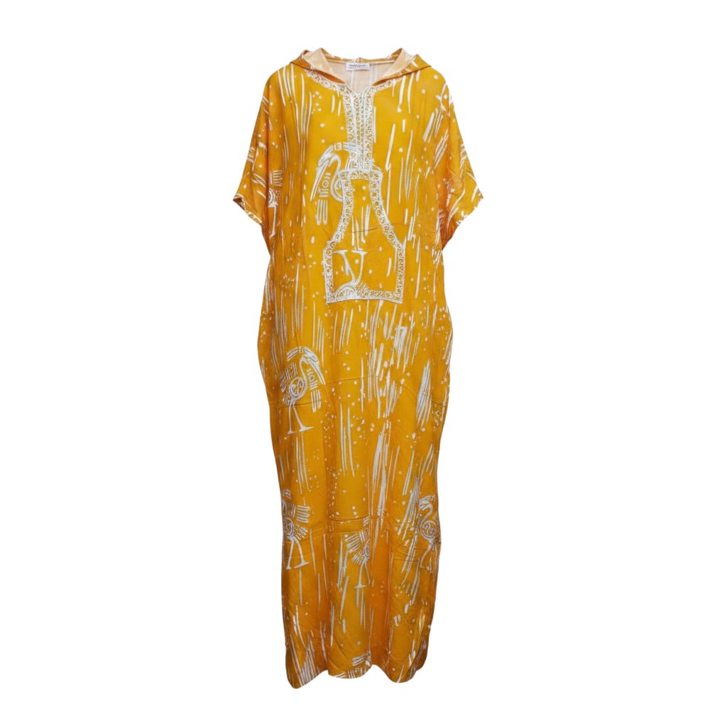 Mustard Adire Bird Print Hooded Long Bubu Gown