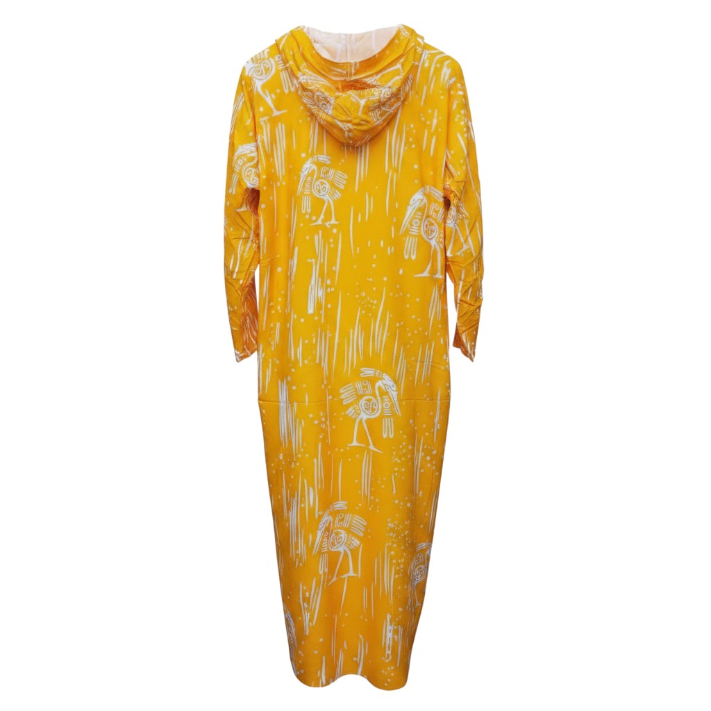 Mustard Adire Bird Print Hooded Long Bubu Gown