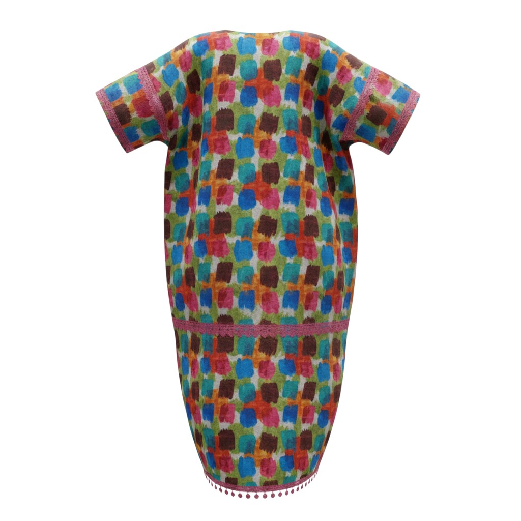 Multicolour Brushstroke Print & Pink Lace Trim 3/4 Bubu Gown