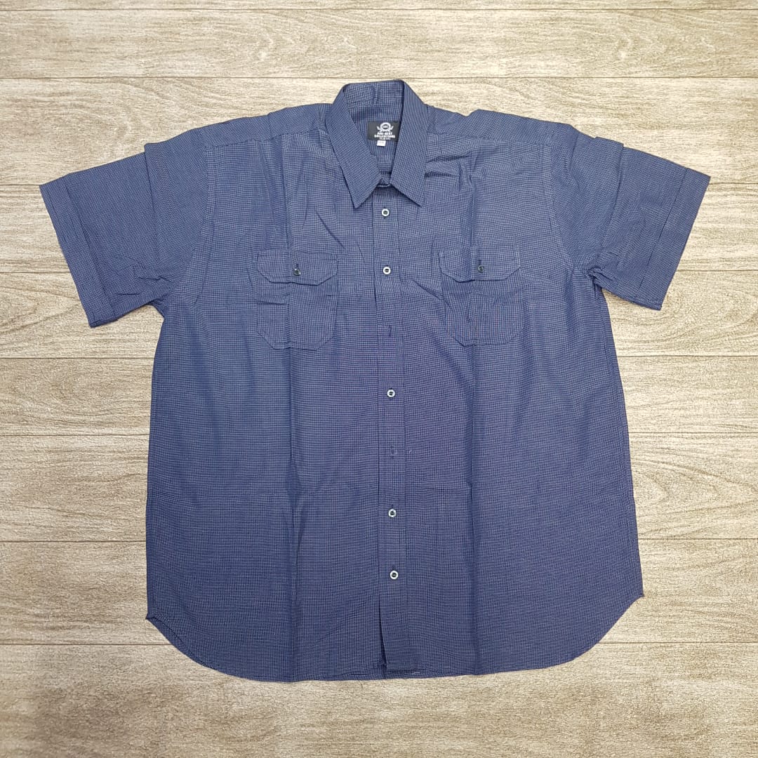Navy Blue Micro-Check Short-Sleeved Shirt