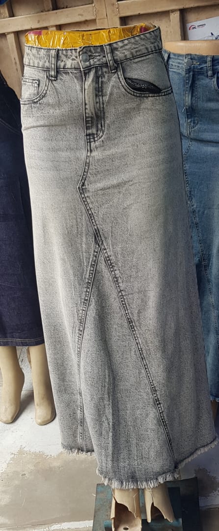 Grey Snow Wash Denim Maxi Skirt