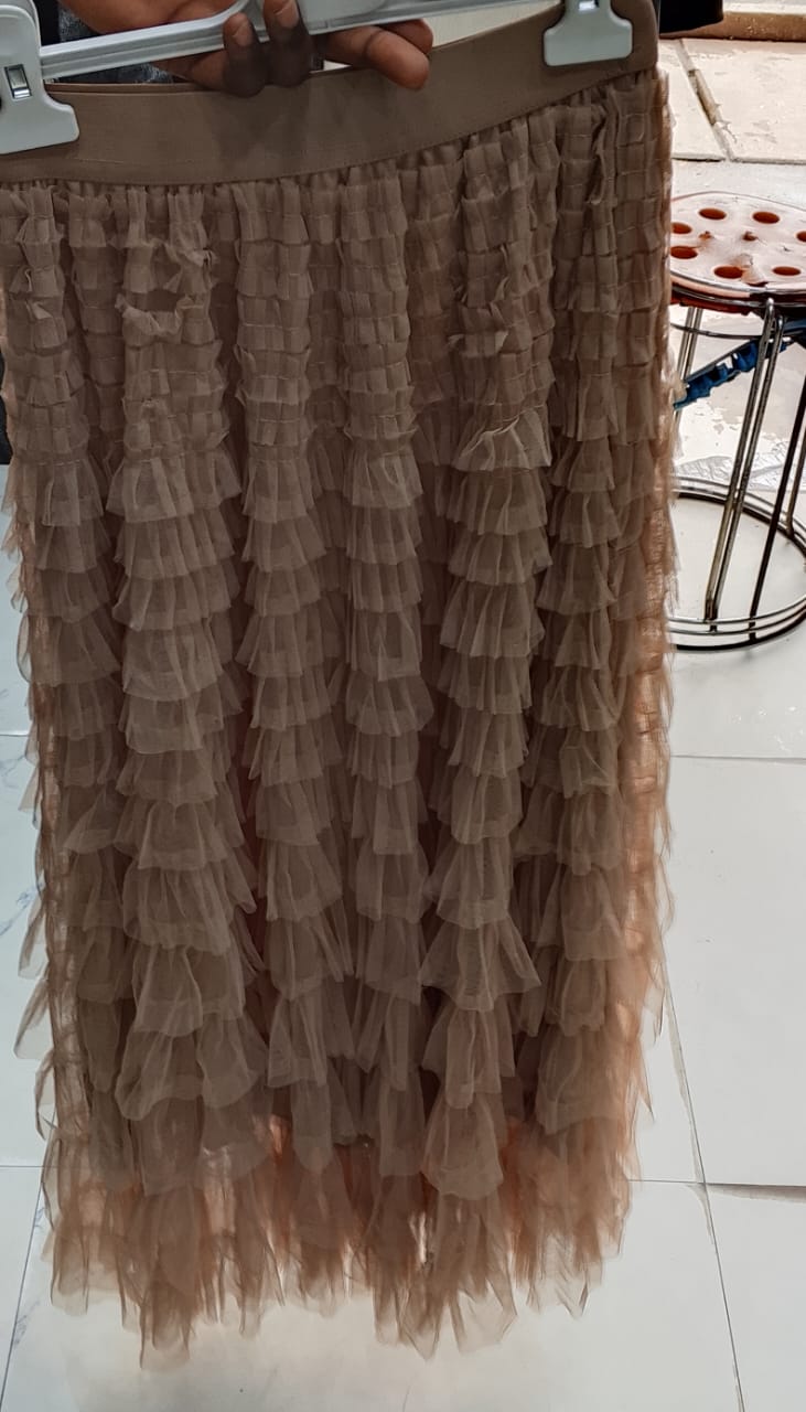 Beige Tiered Ruffle Midi Skirt