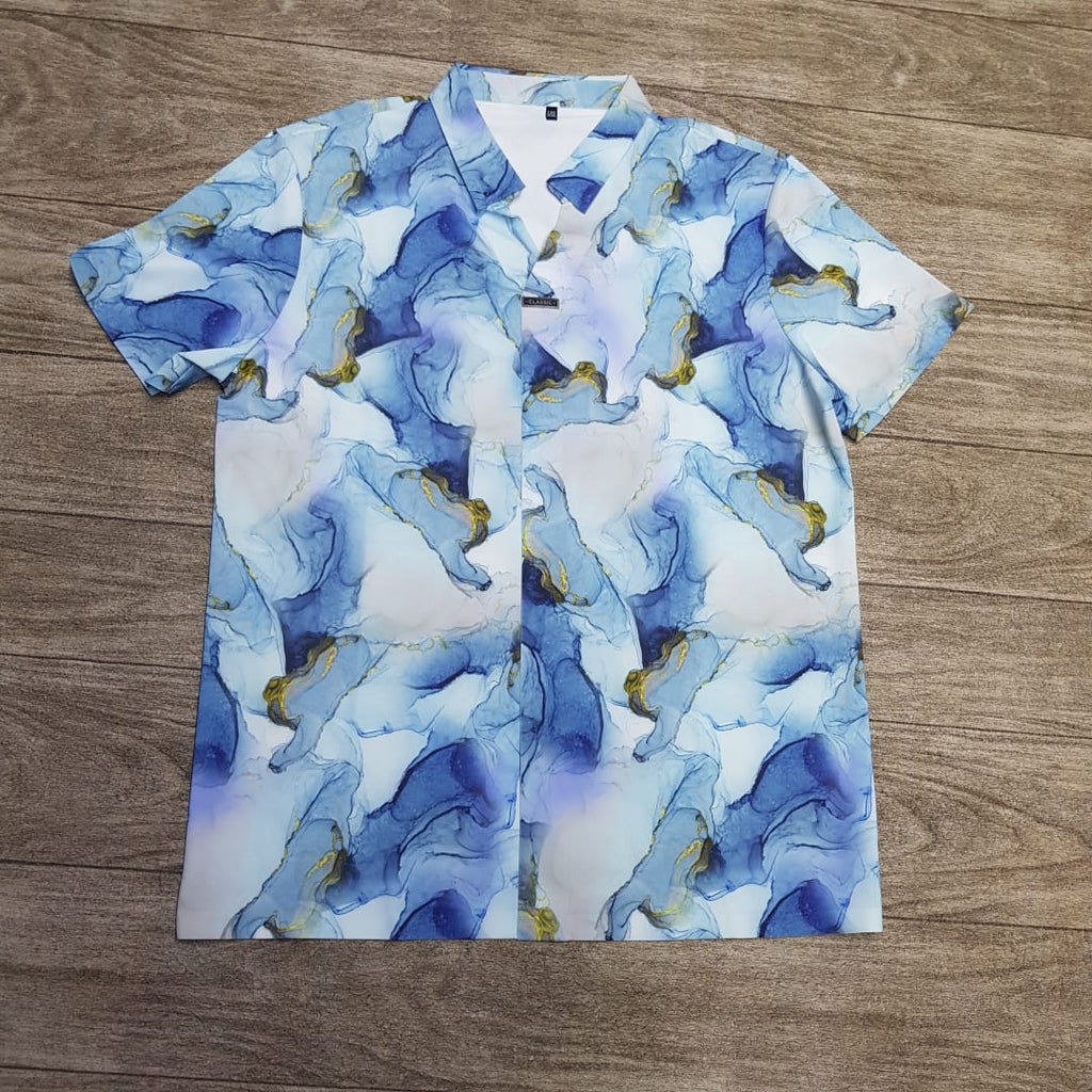 Blue Marble Ink-Wash Print Short-Sleeved Shirt