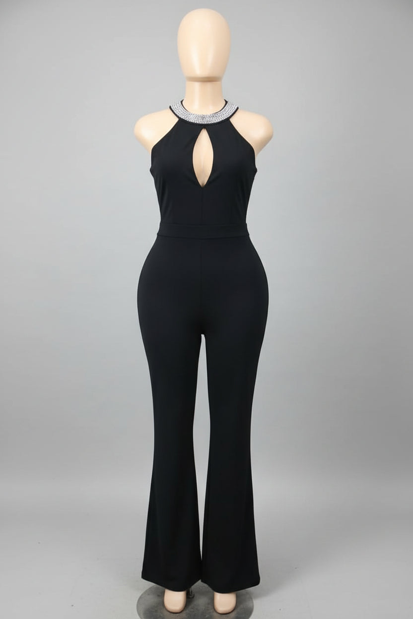 Black Rhinestone Halter Keyhole Flare Jumpsuit