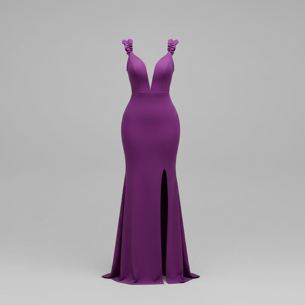 Purple Ruffle Strap Mermaid Maxi Gown