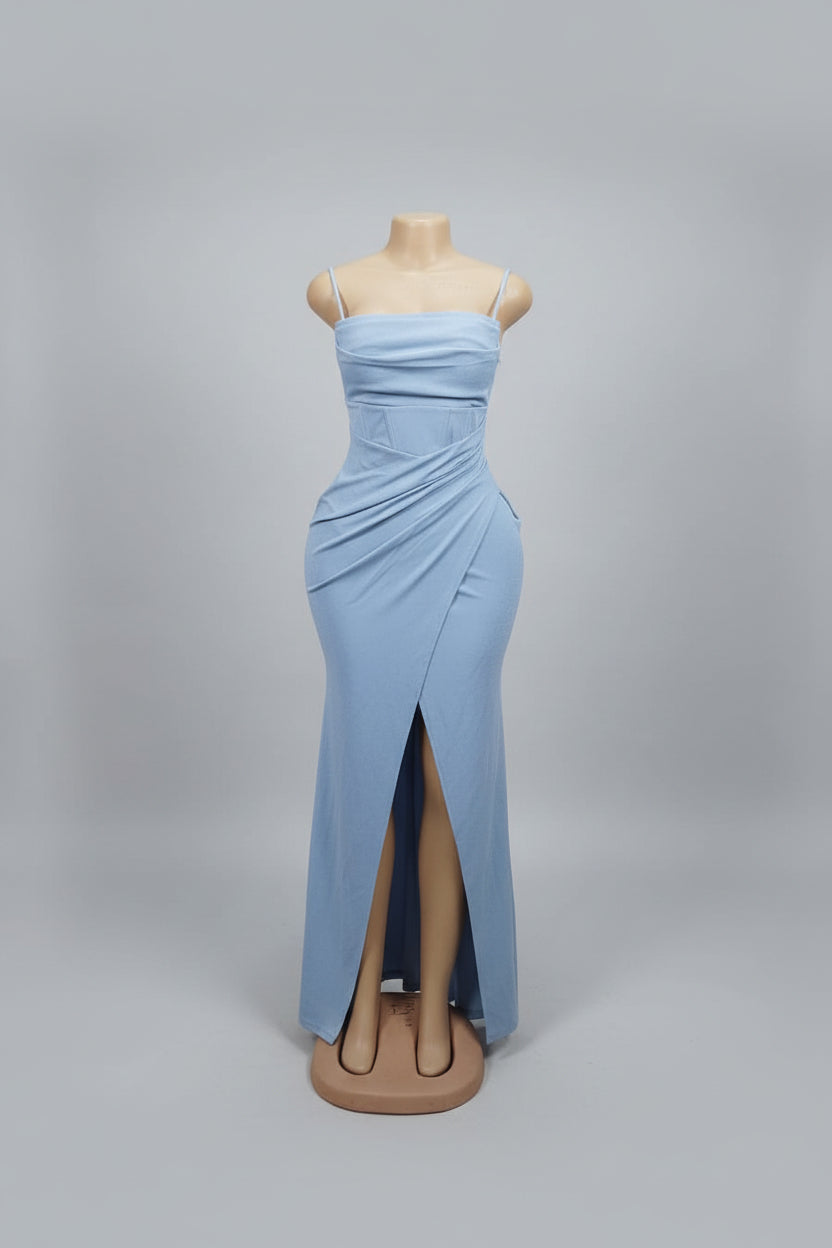 Steel Blue Spaghetti Strap Ruched Maxi Gown
