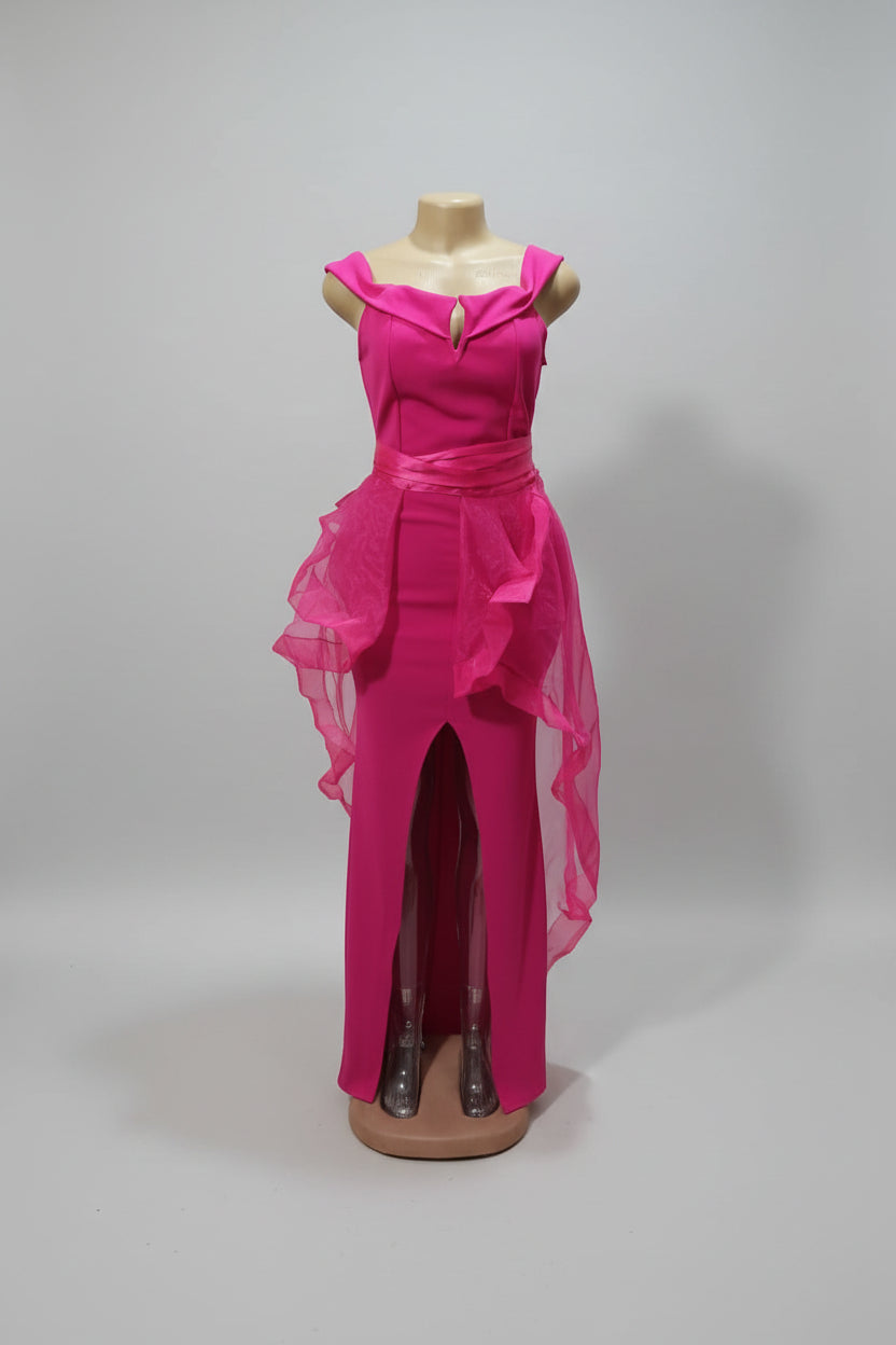 Fuchsia Off-Shoulder Organza Ruffle Maxi Gown
