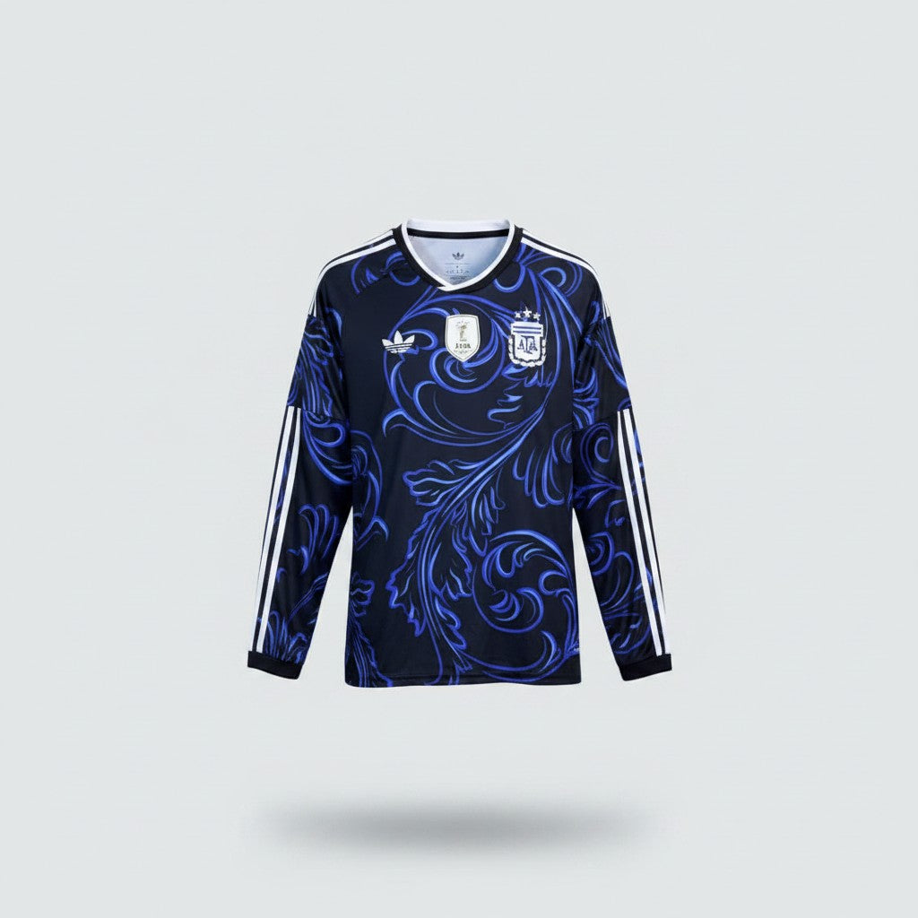 Black long sleeve football jersey with electric blue baroque floral scroll print and white three-stripe sleeve detailing