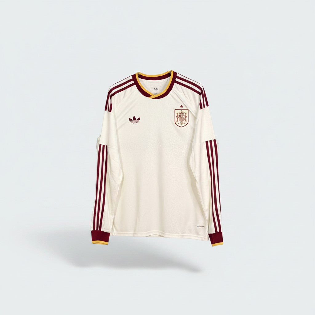 Off-white cream long sleeve football jersey with dark maroon crew neck collar, gold trim and three-stripe sleeve detailing