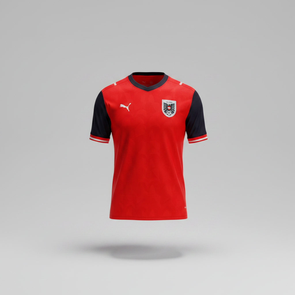 Red football jersey with navy short sleeves, navy V-neck collar, white cat logo and embroidered eagle shield crest