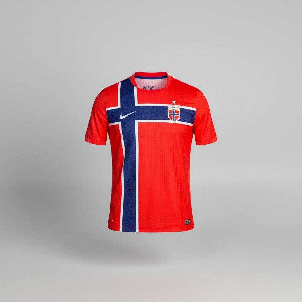 Red football jersey with bold navy blue Nordic cross graphic outlined in white and embroidered circular crest