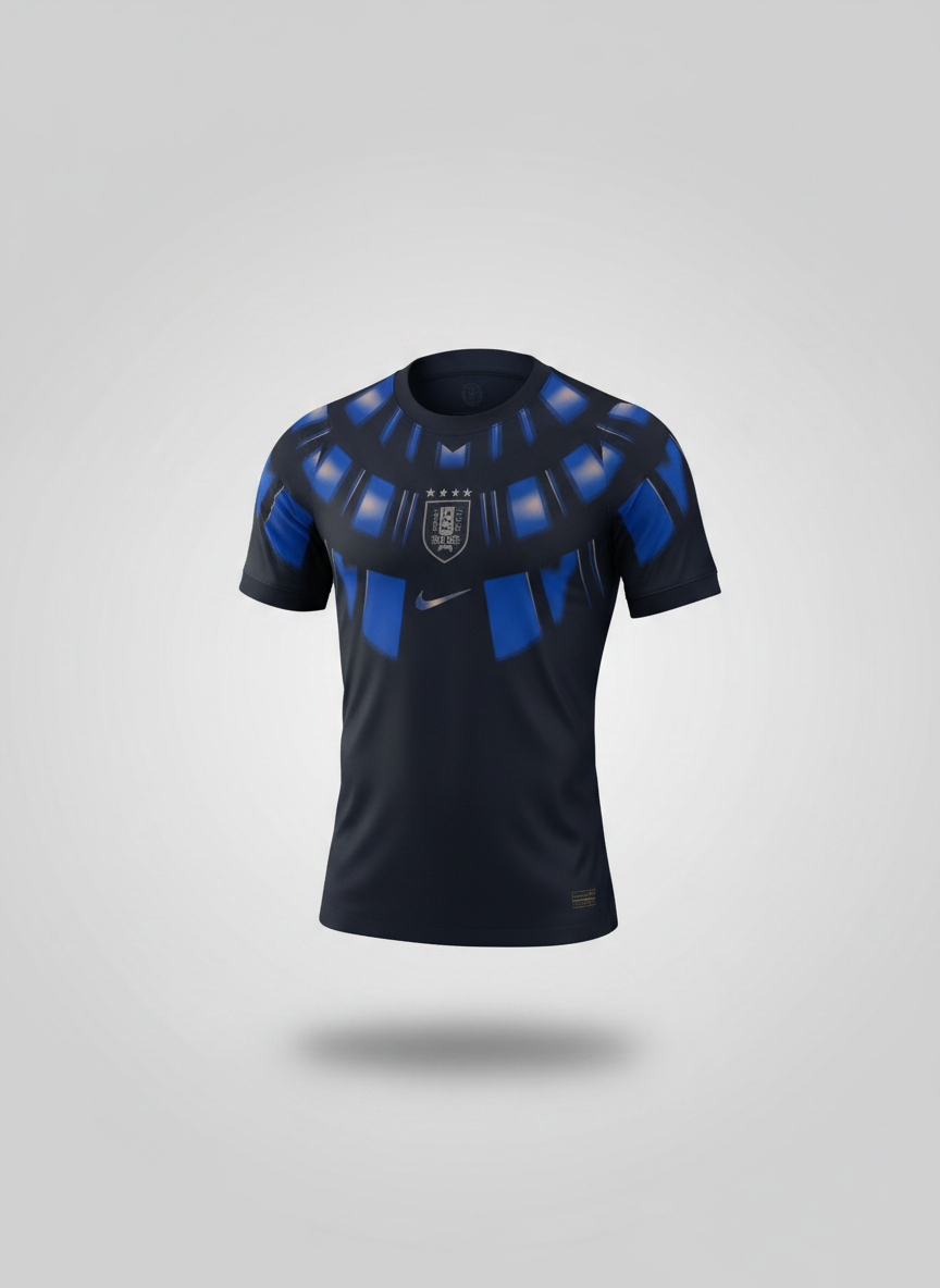 Black football jersey with electric blue feather blade graphic pattern across upper chest and shoulders