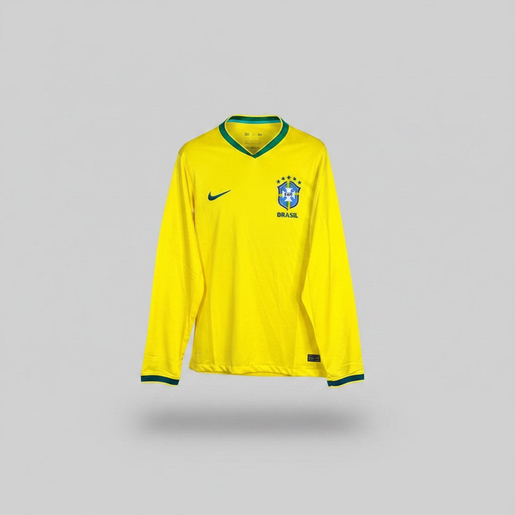 Canary yellow long sleeve football jersey with dark green V-neck collar, swoosh logo and blue shield crest with five stars