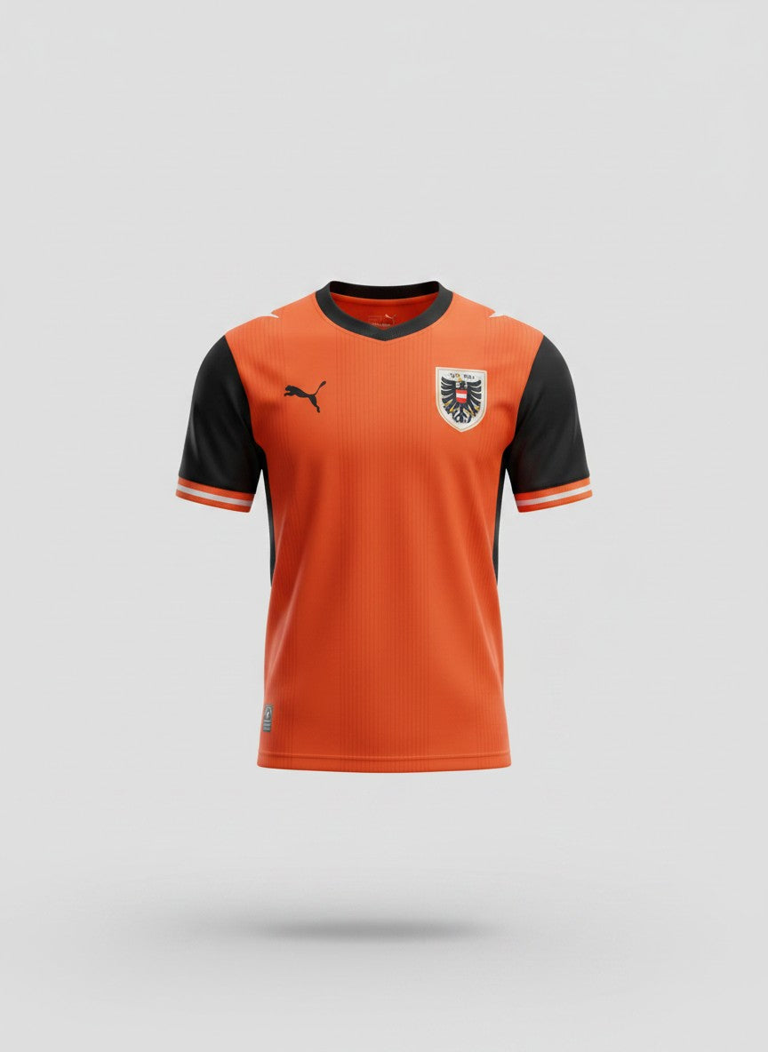 Burnt orange football jersey with black raglan sleeves, black V-neck collar and embroidered eagle shield crest
