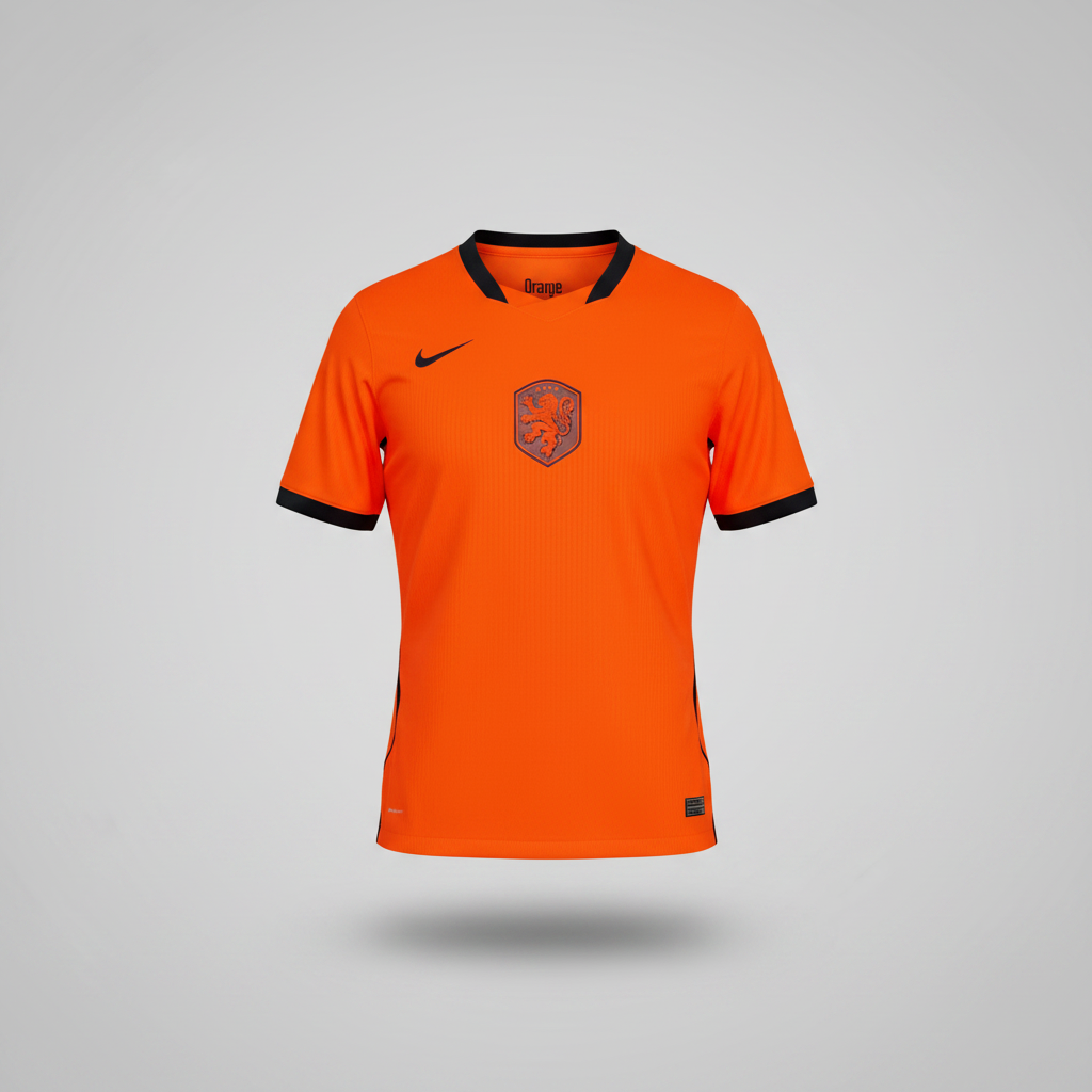 Bright orange football jersey with black V-neck collar, tonal hexagonal lion crest and black ribbed sleeve cuffs