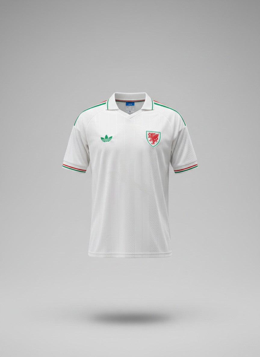 White retro polo football jersey with green and red stripe collar trim, trefoil logo, red dragon shield crest and striped cuffs