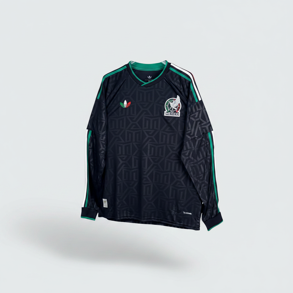 Black long sleeve football jersey with tonal graffiti aztec graphic pattern, green V-neck collar and white three-stripe sleeve detailing