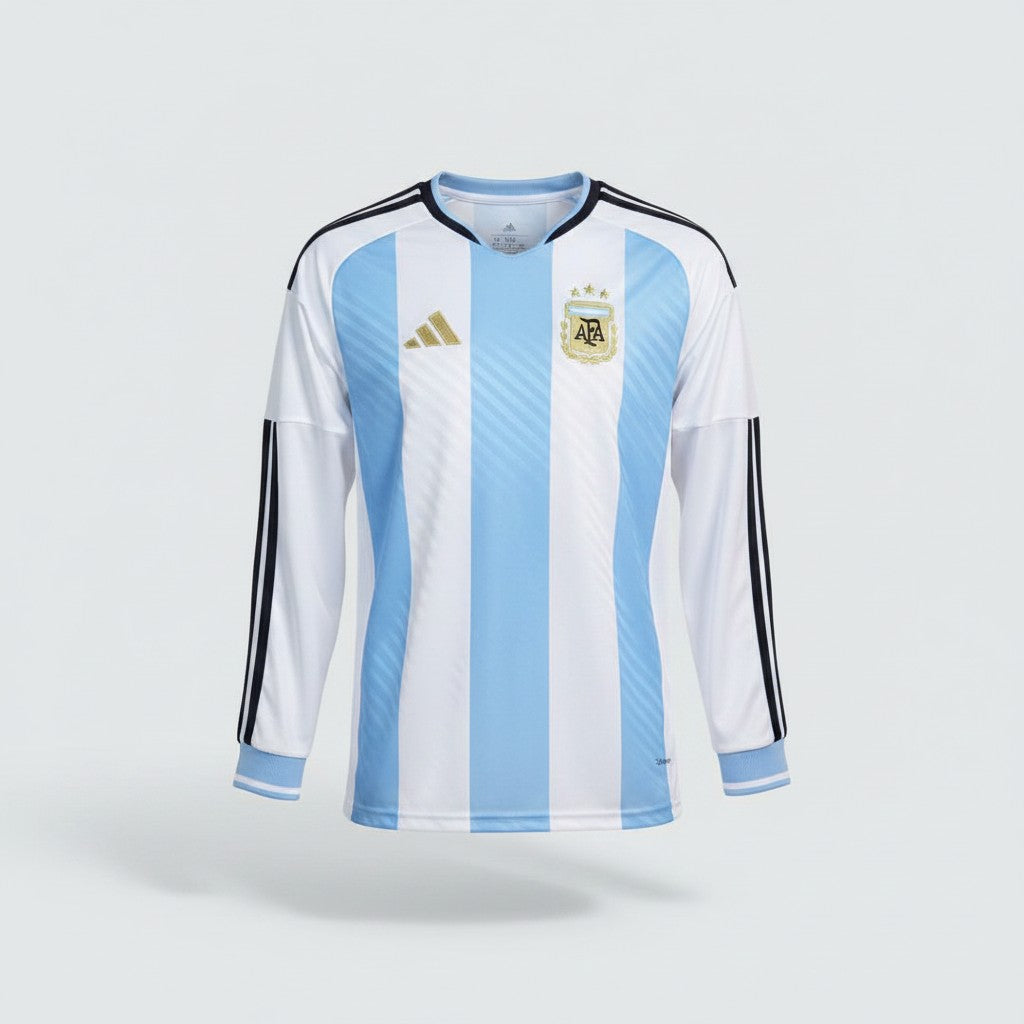 White and sky blue vertical stripe long sleeve football jersey with gold three-bar logo, three-star crest and navy three-stripe sleeves